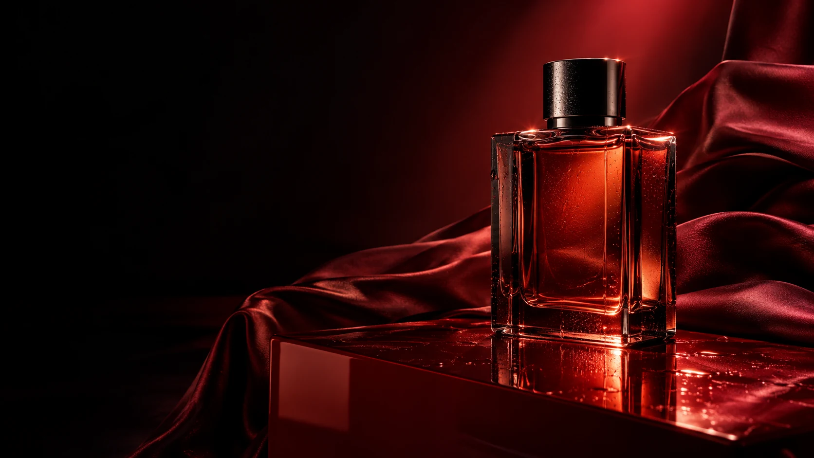 Cinematic fragrance concept in deep red light